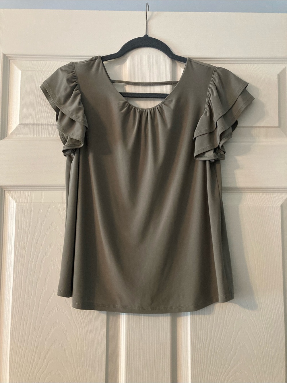 Womens Olive Ruffle Sleeve Scoop Neck Top